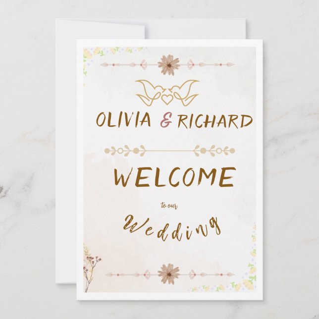 Convites Placa de Boas-Vindas de Casamento com Flores Perso (Frente)
