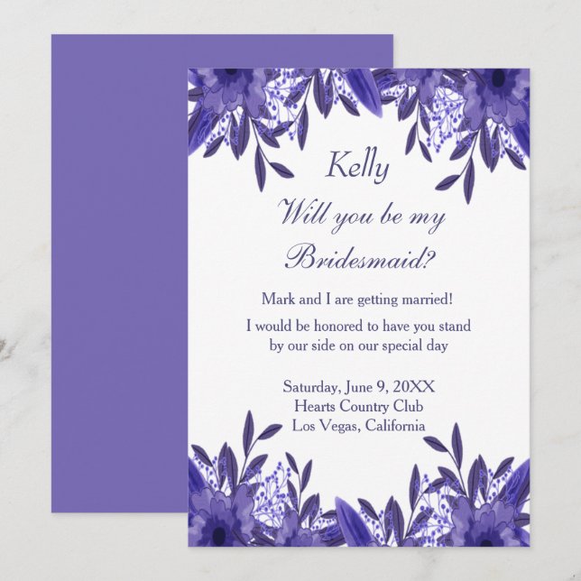 Convites Placa de Bridesmaid da Folhagem Azul Roxo (Frente/Verso)
