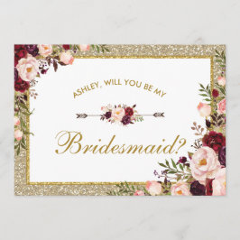 Convites Placa de Bridesmaid Dourada Floral Burgundy Blush