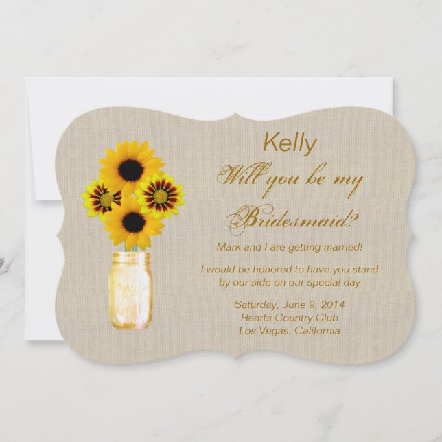 Convites Placa de Bridesmaid Mason Jar Amarelo-Burlap (Frente)