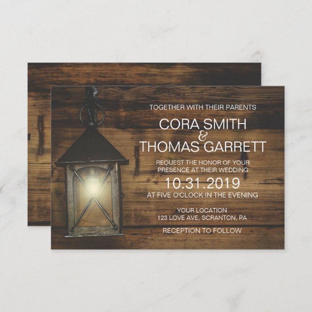 Convites Placa de Casamento das Luzes de Lanterna Rústica E (Frente/Verso)