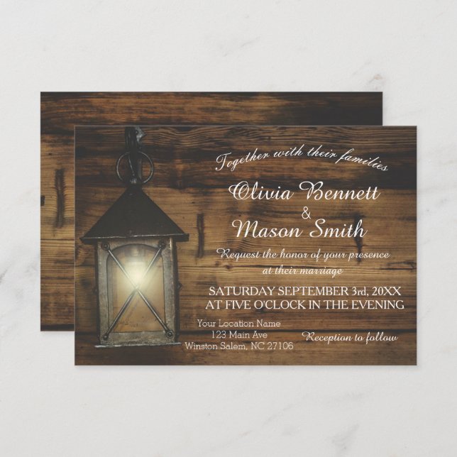 Convites Placa de Casamento das Luzes de Lanterna Rústica E (Frente/Verso)