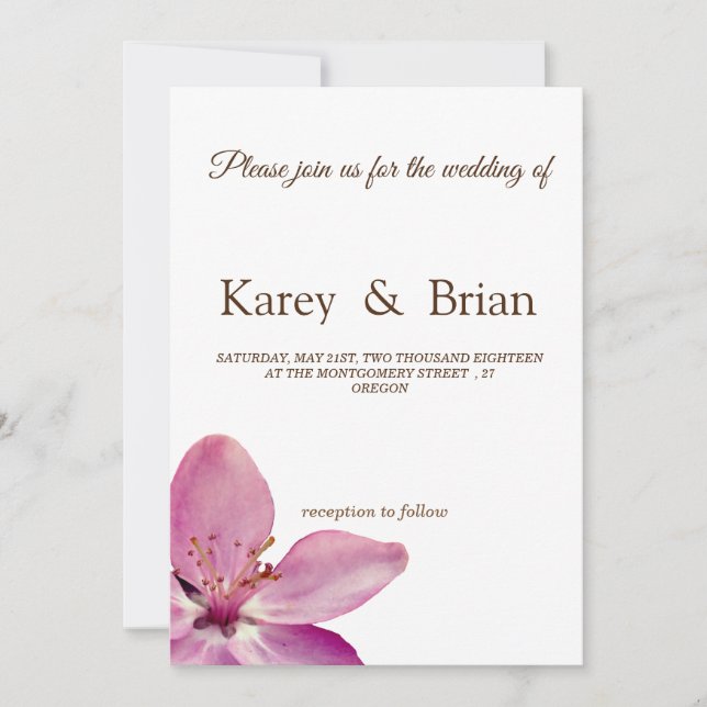 Convites Placa de Casamento Mínimo do Flor Cor-de-Rosa (Frente)