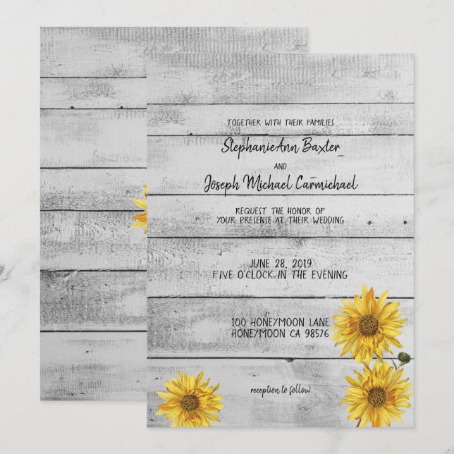 Convites Placa de Casamento Rustic White Wood Sunflower (Frente/Verso)