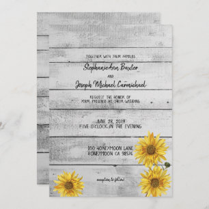 Convites Placa de Casamento Rustic White Wood Sunflower