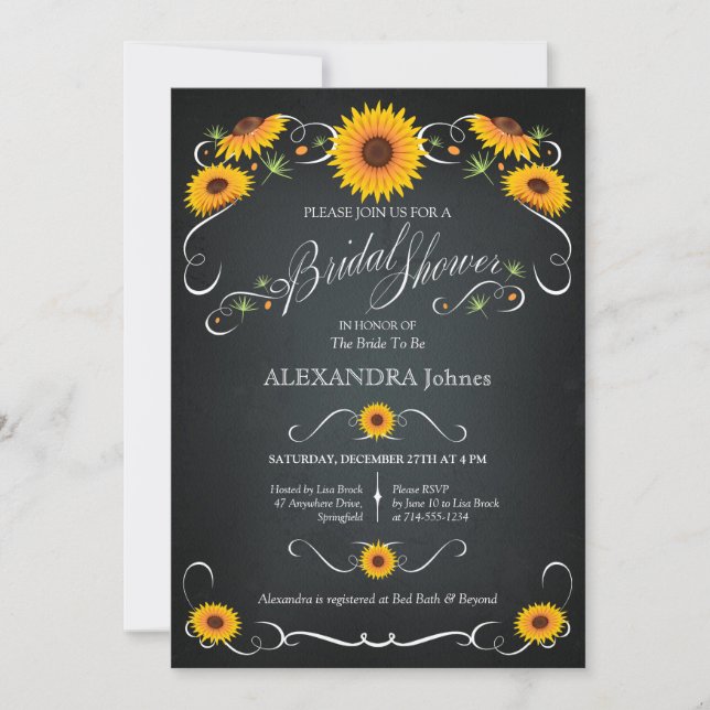 Convites Placa de Chalkboard de Sunflower Chá de panela Vin (Frente)