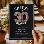 Convites Placa de Chalkboard Rosa Dourada, aniversário de 3<br><div class="desc">Celebrando a 30! Estes convites para aniversário de 30 anos são projetados com o título 'Saúde a 30 Anos!'. Apresentando um fundo chalkboard rústico,  rosa de ouro 30 balões de hélio,  tipografia branca moderna e um modelo simples de festa de aniversário que é fácil de personalizar.</div>