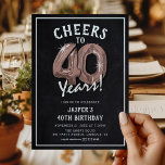 Convites Placa de Chalkboard Rosa Dourada, aniversário de 4<br><div class="desc">Celebrando a 40! Estes convites para aniversário de 40 anos são projetados com o título 'Saúde a 40 Anos!'. Apresentando um fundo chalkboard rústico,  rosa de ouro 40 balões de hélio,  tipografia branca moderna e um modelo simples de festa de aniversário que é fácil de personalizar.</div>