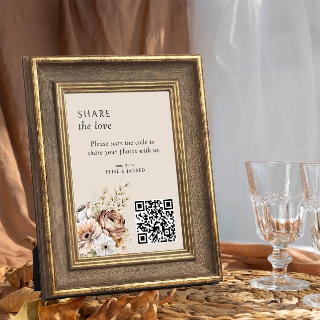 Convites Placa de Compartilhamento de Fotos do Código QR pa (Photo sharing sign from the Rustic Floral Brown Neutral Wedding Collection by Darling & May)