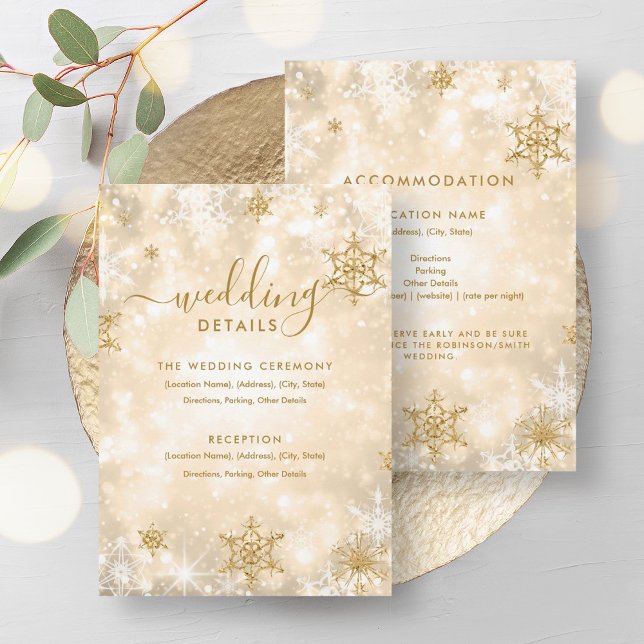 Convites Placa de Detalhes do Casamento no inverno Dourado  (Festive Sparkle Gold Winter Wedding Details Card)