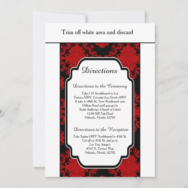 Convites Placa de direção Romântica Red Damask 3.5x6 (Frente)