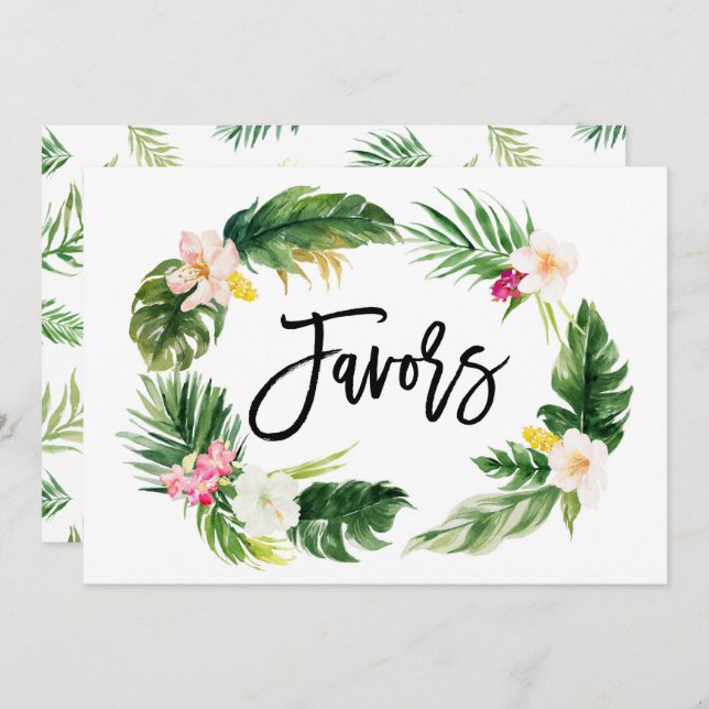 Convites Placa de Favors de Grinalda Floral Tropical em Aqu (Frente/Verso)