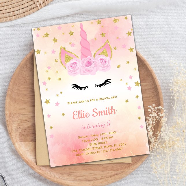 Convites Placa de festa de garota mágica elegante com Desig (Rose Pink Unicorn Birthday Invitations)