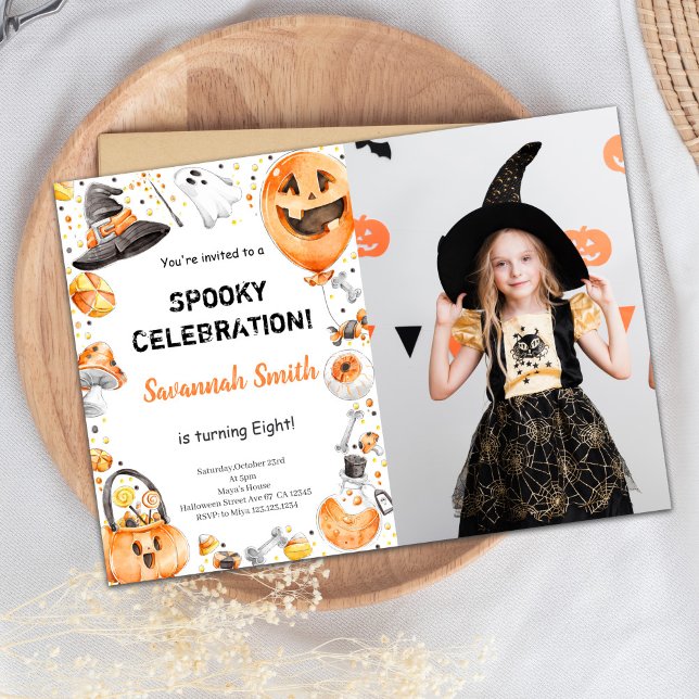 Convites Placa de Festa de Spooky Editável (Halloween Birthday Invitations with Photo)