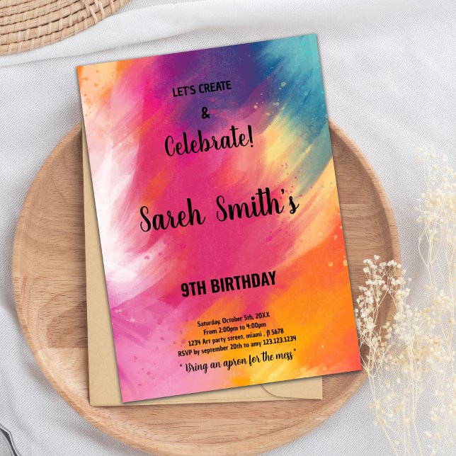 Convites Placa de Festas de Arte de Raparigas Editáveis com (Pink Purple Paint Birthday Invitations)