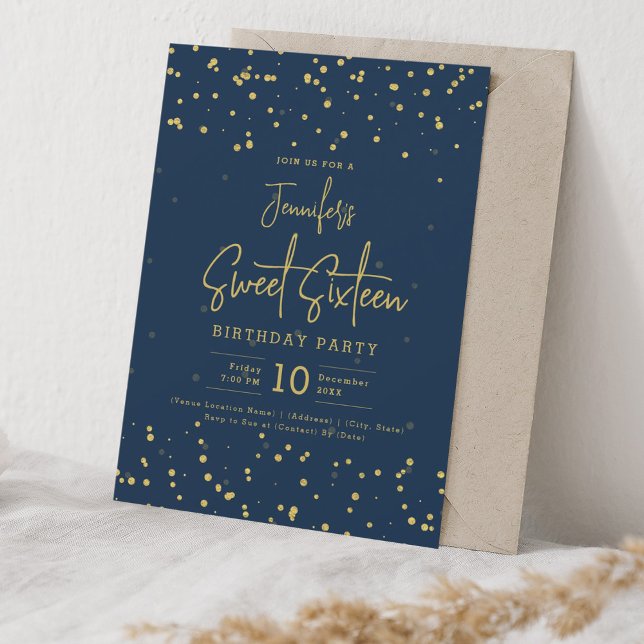 Convites Placa de Foil Dourada Glam Dots Doce 16 Marinho Az (Glam Gold Faux Foil Dots Sweet 16 Navy Blue Invitation)