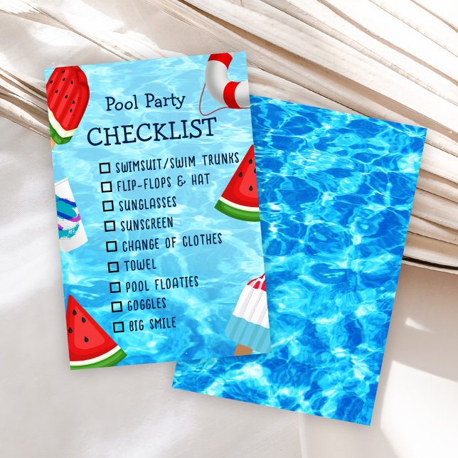 Convites Placa de gabinete do Aniversário de criança da Lis (Pool Party Checklist Kids Birthday Enclosure Card)