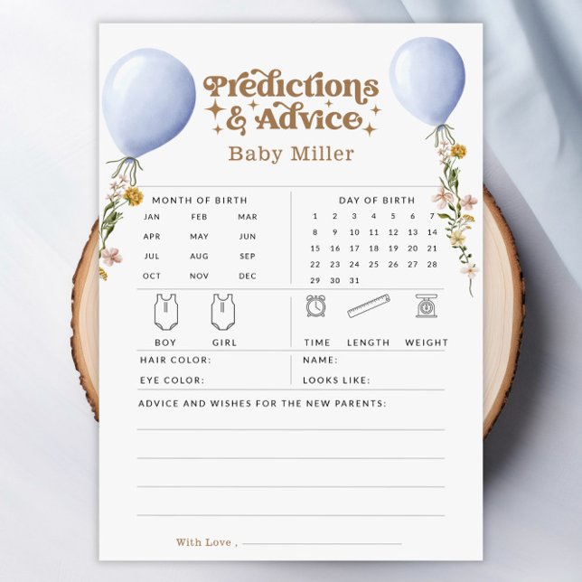Convites Placa de Jogo de Chá de fraldas de Previsões e Con (Balloon Predictions & Advice Baby Shower Game Card)