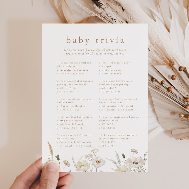 Convites Placa de Jogo Trivia do Chá de fraldas Flor ALYSSA (ALYSSA Boho Flower Baby Shower Trivia Game Card)