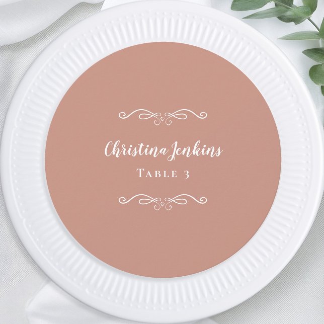 Convites Placa de Lugar de Convidado Elegante Rosa Dourada  (Wedding Elegant Pink Blush White Round Custom Guest Dinner Table Place Card)