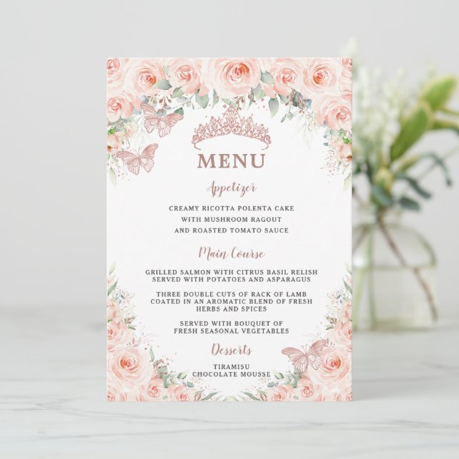 Convites Placa de menu Blush Floral Rosa Dourado Quinceaner (Em pé/Frente)