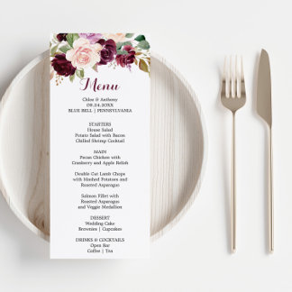 Convites Placa de Menu Janto Floral Verde Blush Burgundy