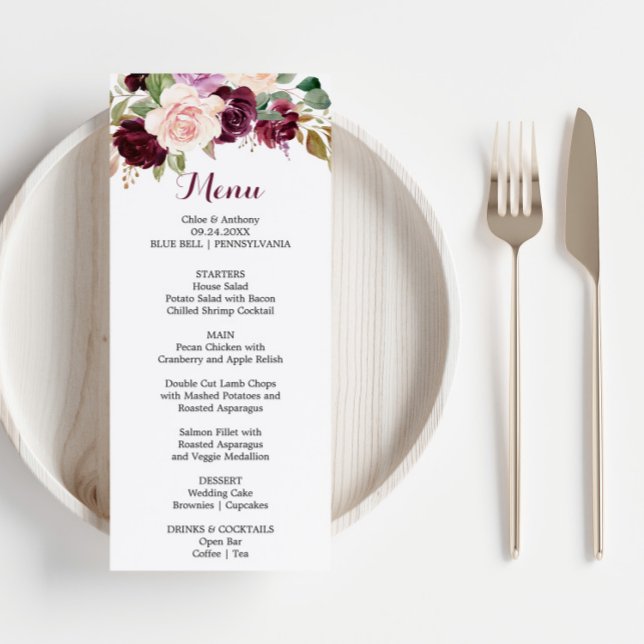 Convites Placa de Menu Janto Floral Verde Blush Burgundy (Criador carregado)