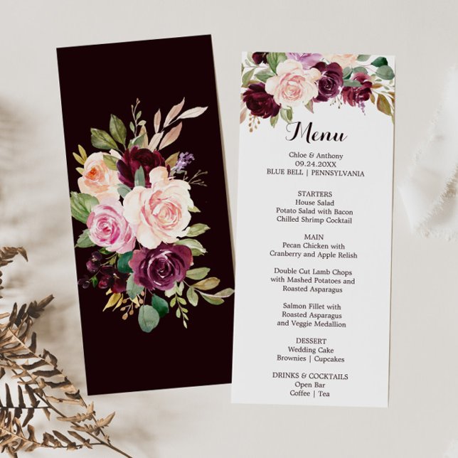 Convites Placa de Menu Janto Floral Verde Blush Burgundy (Criador carregado)