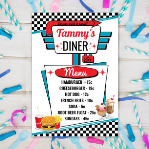 Convites Placa de menu Retro Diner Black, White & Red da dé