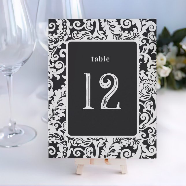 Convites Placa de Mesa Floral Branca e Preta Moderna (elegant black and white floral damask wedding table number card)