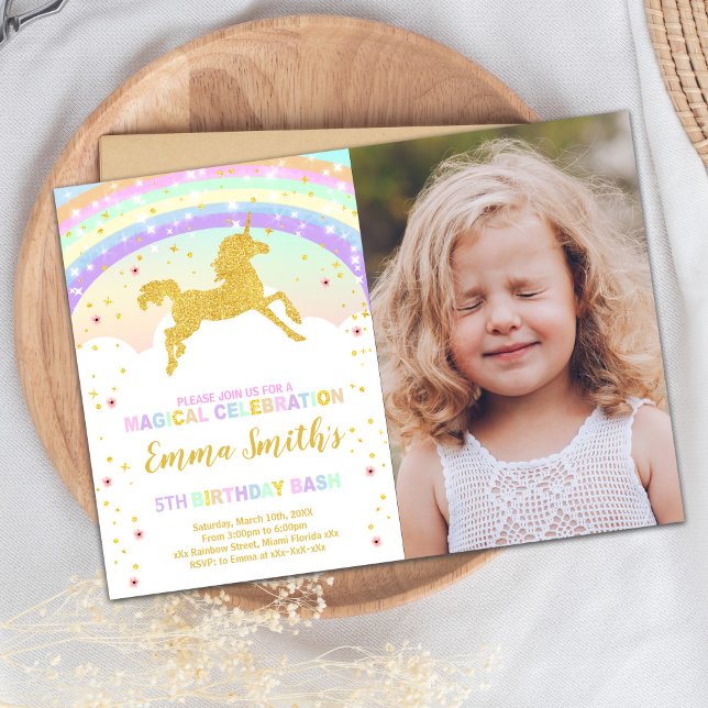 Convites Placa de Partido Mágico Editável (Gold Glitter Rainbow Unicorn Invitations Photo)