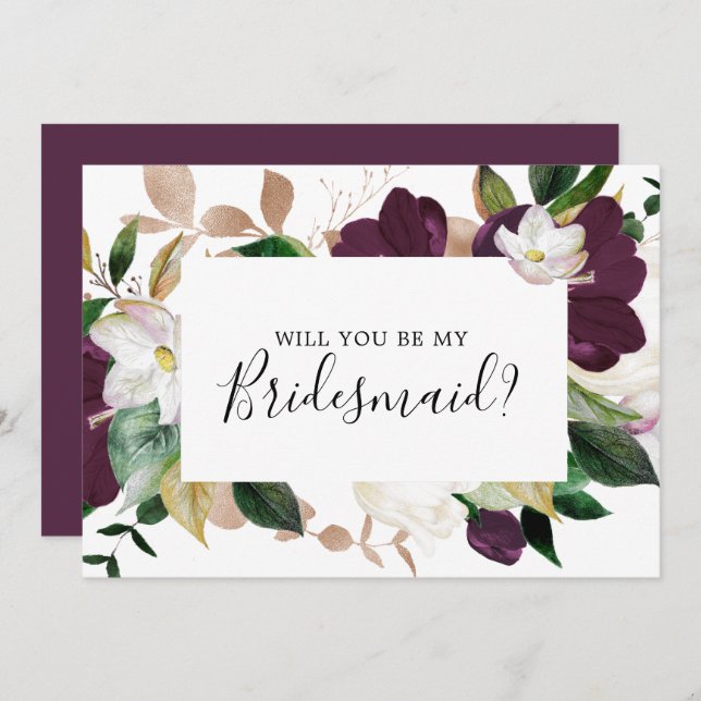 Convites Placa de Proposta da Moody Purple Blooms Bridesmai (Frente/Verso)