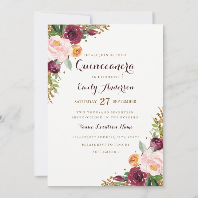 Convites Placa de Quinceanera Floral Dourada Burgundy (Frente)