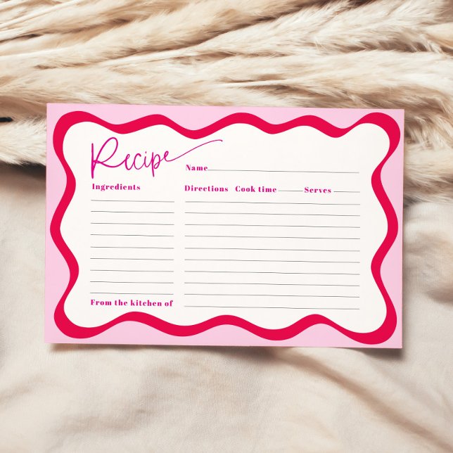 Convites Placa de recebimento do Chá de panela de borda ond (Hot pink wavy border recipe card for bridal shower)