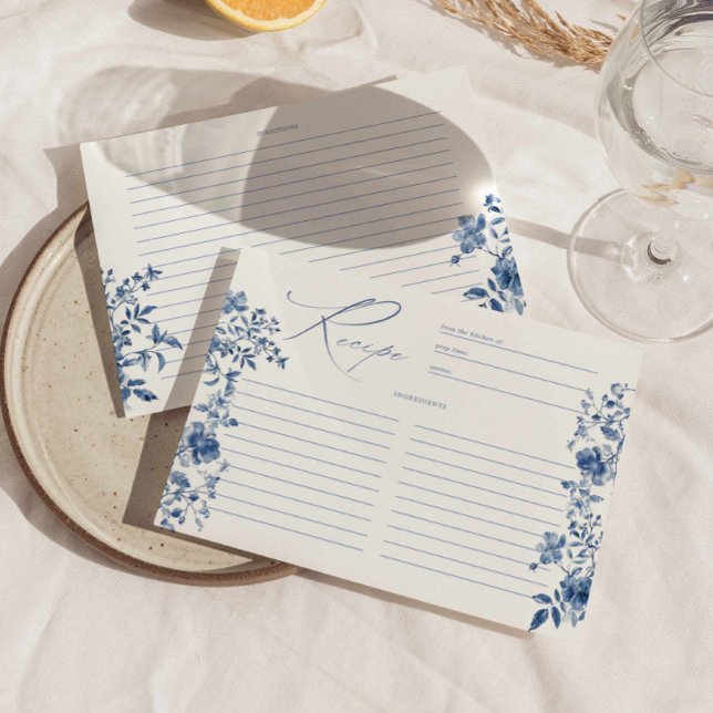 Convites Placa de Receita Floral de Toile Azul (something blue toile floral bridal shower recipe card, victorian vintage flowers recipe card )