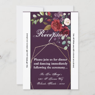 Convites Placa de recepção 3,5x7 Plum Rosas roxos Dourados 