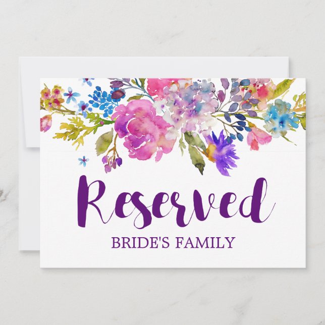 Convites Placa de "Reservado" de Casamento com Flores Roxas (Frente)