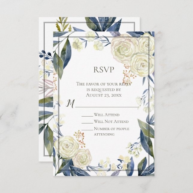 Convites Placa de Resposta RSVP de Flor Azul Elegante (Frente/Verso)