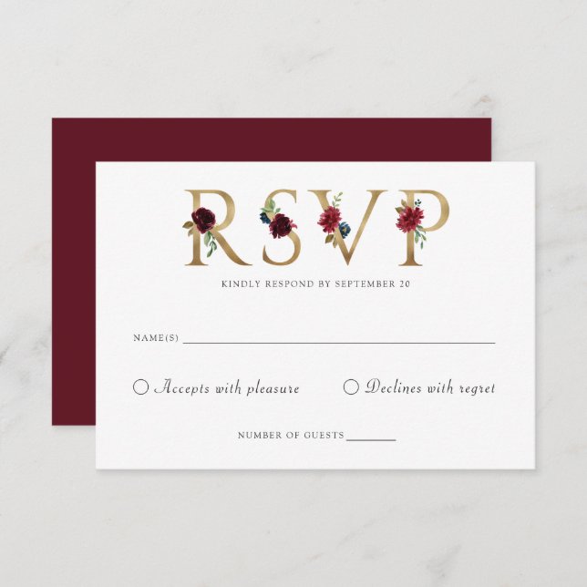Convites Placa de Resposta RSVP Dourada de Blush Borgonha F (Frente/Verso)