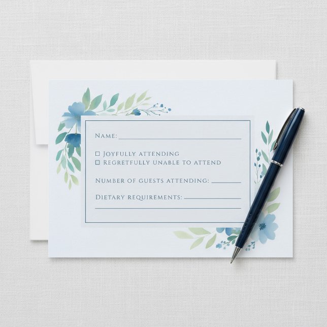 Convites Placa de Resposta RSVP Floral de Cor Azul Elegante (Elegant Blue Watercolor Floral RSVP Response Card with space for guests to fill out.)