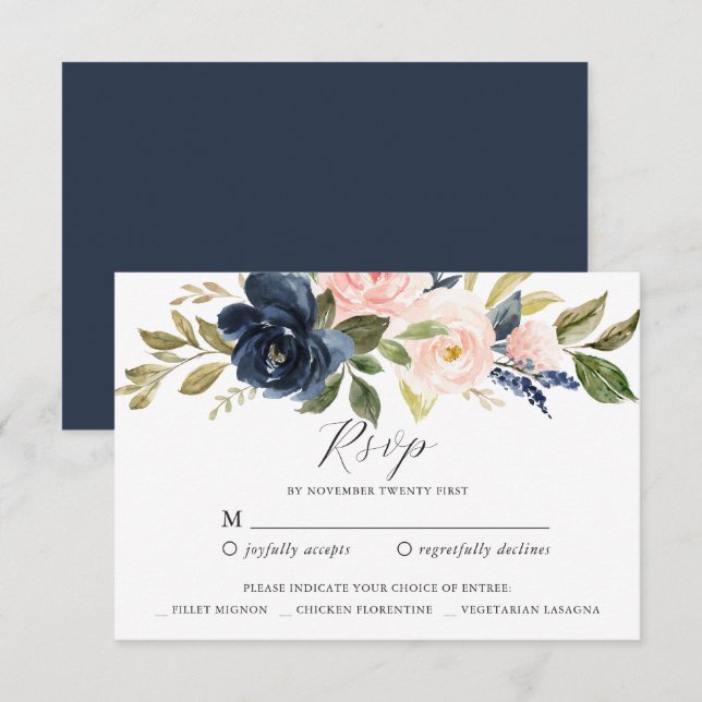 Convites Placa de resposta RSVP Floral de marinho Blush (Frente/Verso)