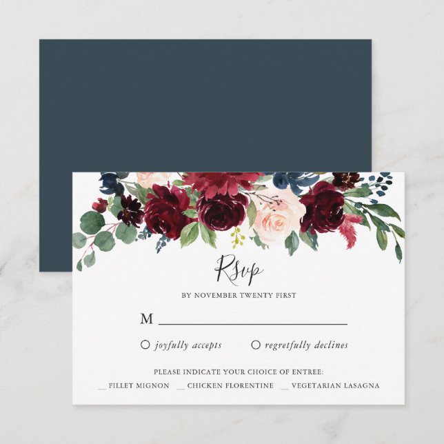 Convites Placa de resposta RSVP Floral do Marinho Burgundy (Frente/Verso)