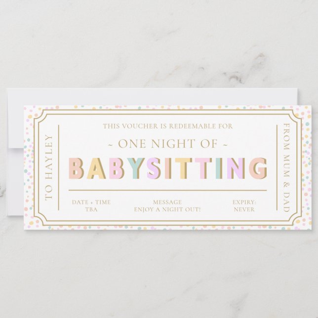 Convites Placa de Voucher Dot Babysitting Pastel (Frente)