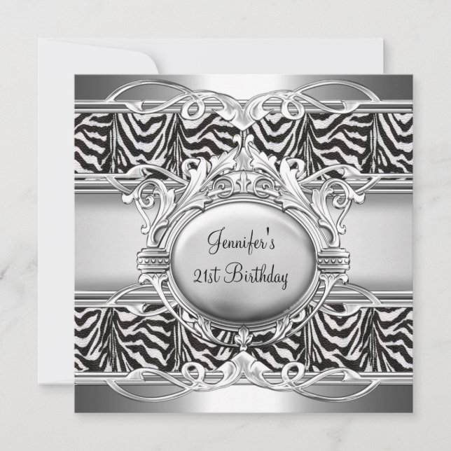 Convites Placa de Zebra Preto Branco Prata para Aniversário (Frente)