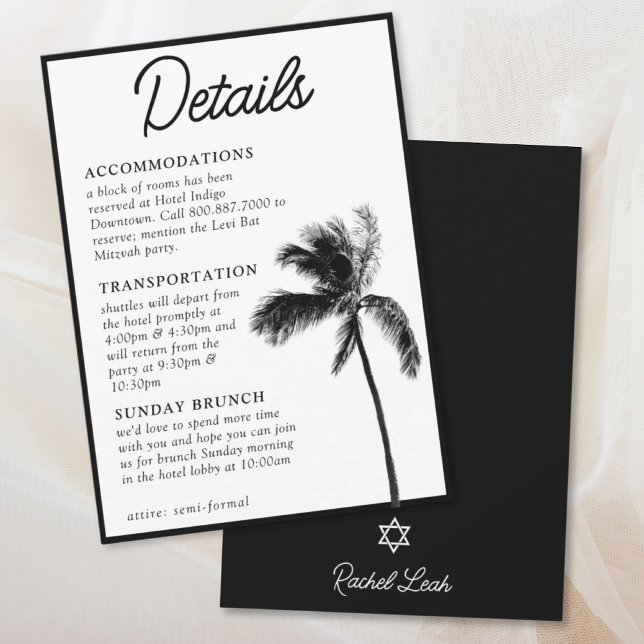 Convites Placa do gabinete de detalhes do Bat Mitzvah da ár (Black Palm Tree Bat Mitzvah Details Enclosure Card
)