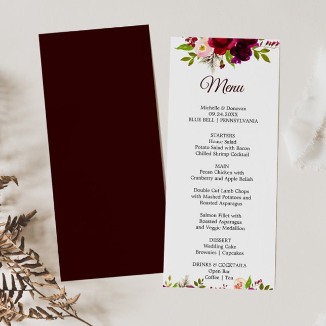 Convites Placa do Menu Janto Floral Simples Burgundy (Criador carregado)
