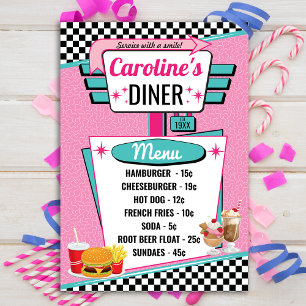 Convites Placa do menu Retro Diner Pink & Teal da década de