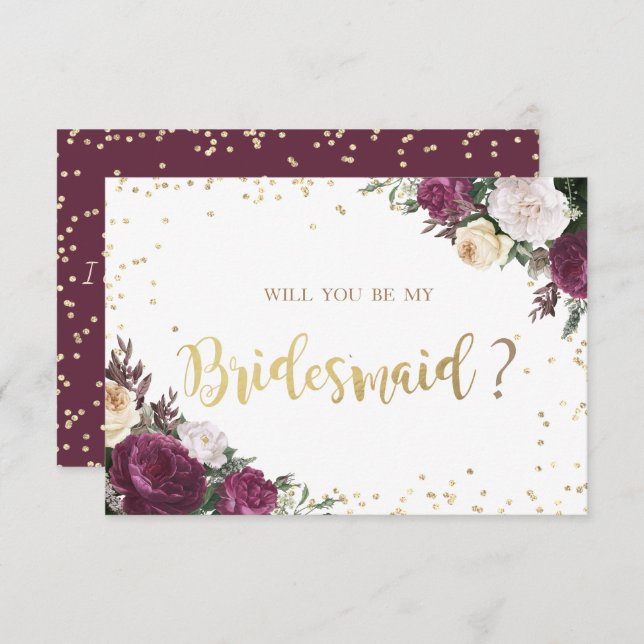 Convites Placa Floral Bridesmaid Dourada Burgundy (Frente/Verso)