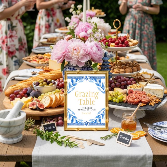 Convites placa "Mesa de Pastoreio" com folhas florais azuis (blue floral leaves "Grazing Table" Sign)