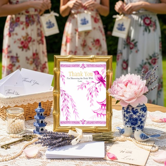 Convites Placa "Obrigado" em Chinoiserie Rosa (Pink Chinoiserie "Thank You" Sign)